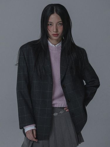 WOOL CHECK OVERSIZED BLAZER JACKET_GRAY - mars en avril - Modalova