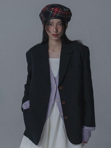 WOOL CHECK OVERSIZED BLAZER JACKET_NAVY - mars en avril - Modalova