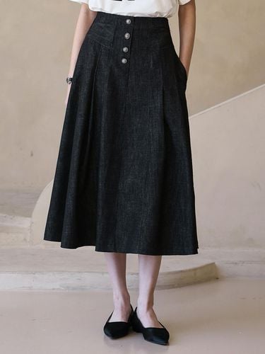 Back Banded Pintuck Flared Denim Long Skirt_2color - JUARR - Modalova