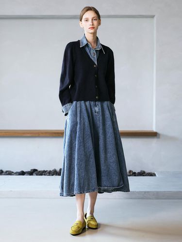 SET) Back Banded Waist Flared Denim Long Skirt & - JUARR - Modalova