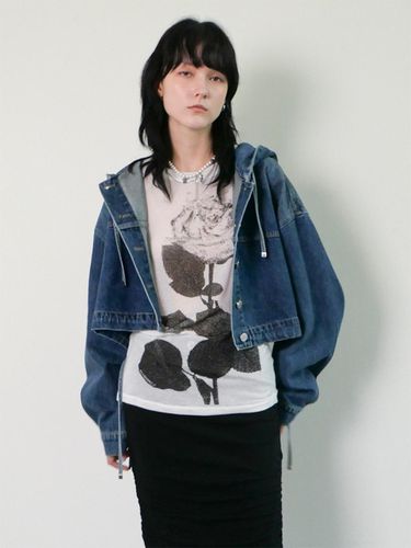 Hooded cropped denim jacket_dark blue - ellonarc - Modalova