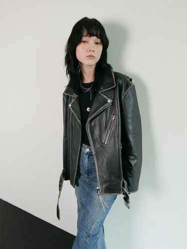 Oversized Fit Belted Leather Jacket_Black - ellonarc - Modalova