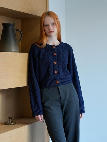 Round Cable Knit Cardigan (Navy) - VLETI - Modalova