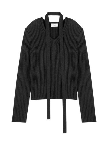 V neck Ribbed Tie Set Knit (Black) - VLETI - Modalova