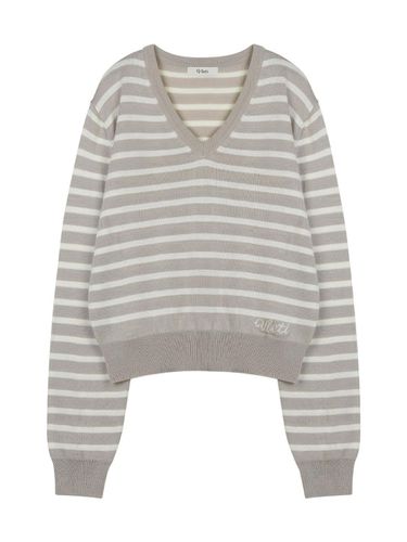 V neck Striped Knit (Gray_beige) - VLETI - Modalova