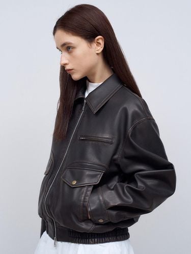 Washing Leather Vintage Bomber Jacket in Brown - doffsept - Modalova