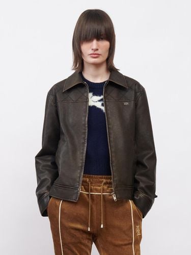 Faux - Leather Stitched Jacket Dark Brown - Kijun - Modalova