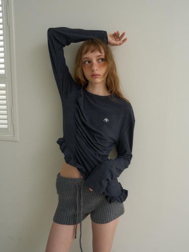 Asymmetrical Frill Shirring T-shirt [Charcoal] - oursaalty - Modalova