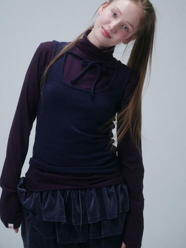 STRIPE HIGH NECK LAYERED TEE, NAVY + PURPLE - FUNFROMFUN - Modalova