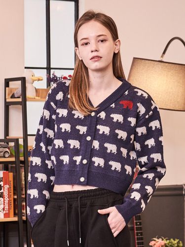 Bear Jacquard Cropped Cardigan Navy - Awesomestudio - Modalova