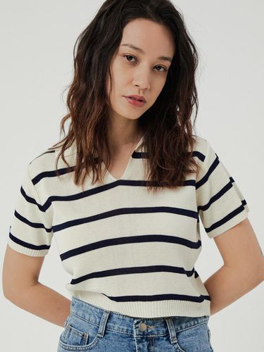 Stripe collar knit short-sleeved shirt beige - Awesomestudio - Modalova