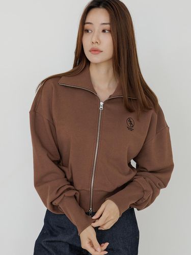 High-neck Zip-Up Cropped Cardigan Brown - Awesomestudio - Modalova