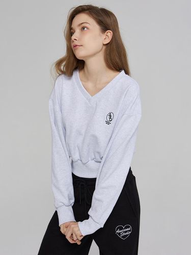 V-neck Cropped Sweat Shirt Gray White - Awesomestudio - Modalova