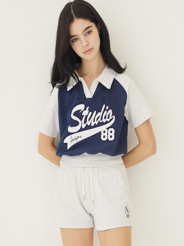 Raglan Collar Cropped Short-Sleeved Sweat Shirt Vi - Awesomestudio - Modalova