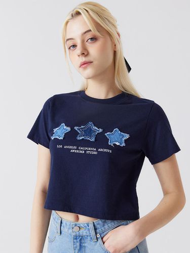 Star denim patch cropped short-sleeved T-shirt dar - Awesomestudio - Modalova