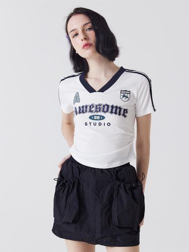 Short-sleeved block core V-neck shirring T-shirt b - Awesomestudio - Modalova