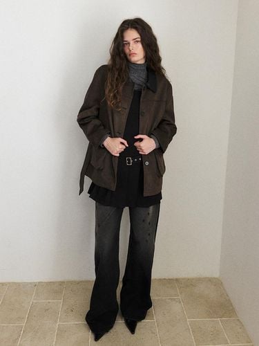 Belted Collar Suede Jacket, Brown - ETMON - Modalova