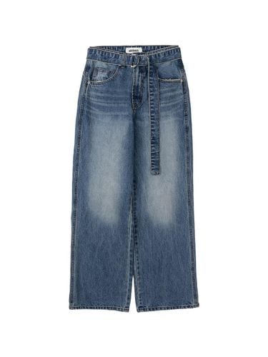 Belt Semi Wide Denim Pants (Dark Blue) - ateleen - Modalova