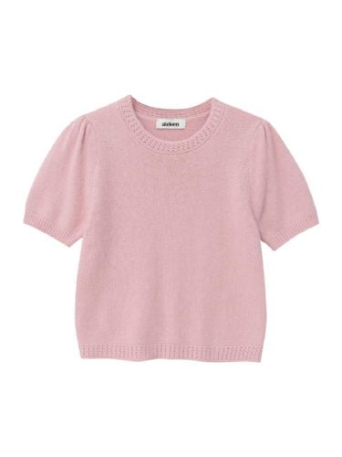 Lace Trimmed Puff Sleeve Knit Top (Pink) - ateleen - Modalova