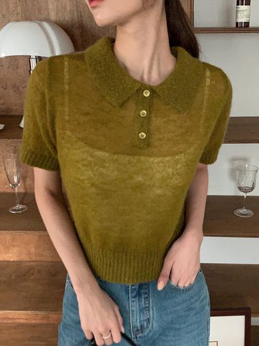 Mohair Collar Half Sleeve Knit Top (Green) - ateleen - Modalova