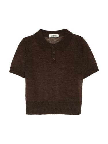 Mohair Collar Half Sleeve Knit Top (Brown) - ateleen - Modalova