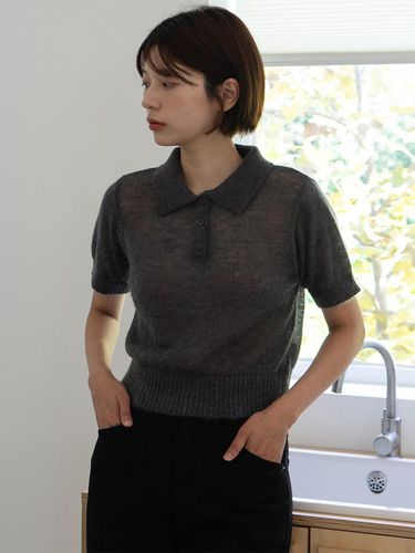 Mohair Collar Half Sleeve Knit Top (Charcoal) - ateleen - Modalova