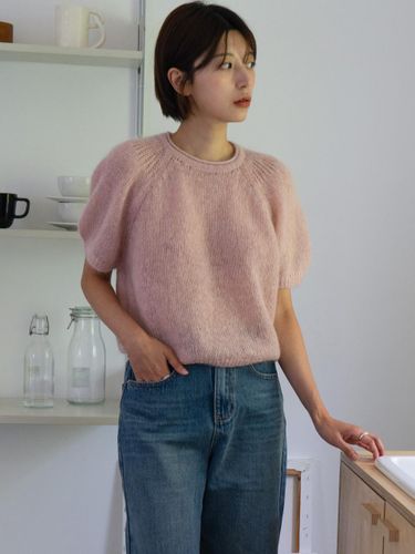 Mohair Puff Raglan Half Knit Top (Pink) - ateleen - Modalova