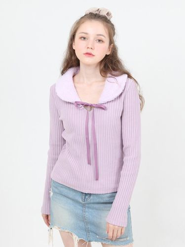 Fur collar knitwear T-shirt (purple) - CATTLINE - Modalova