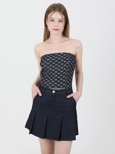 Denim Pleats Banding Mini Skirt Dark Blue - CATTLINE - Modalova