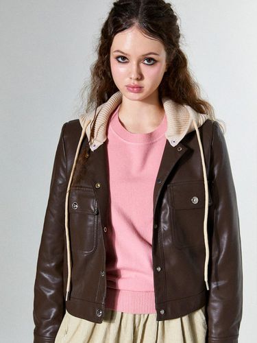 Knitted Hoodie Leather Jacket (BROWN) - koolkitten - Modalova