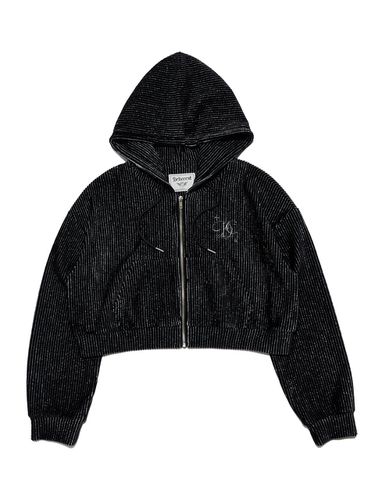 Corduroy Velvet Cropped Hooded Zip-Up [BLACK] - DELICCENT - Modalova