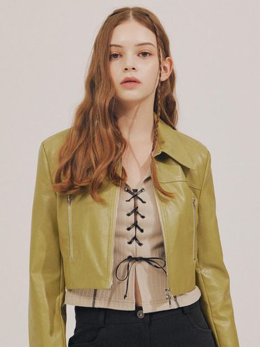 Cropped two-way incision leather jacket [OLIVE GRE - DELICCENT - Modalova