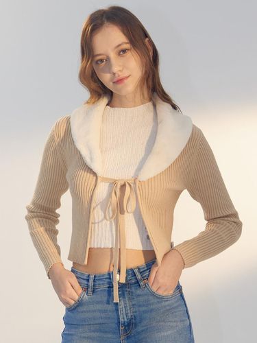 Fur collar ribbon cardigan [BEIGE] - DELICCENT - Modalova