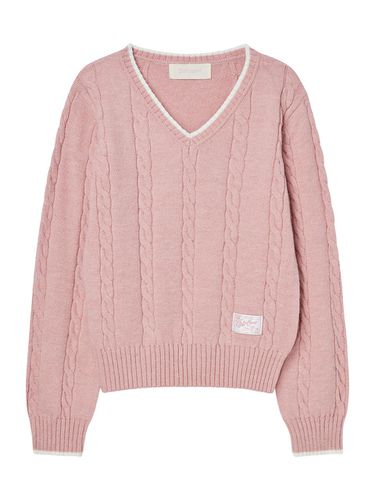 V-neck cozy cable pullover [PINK] - DELICCENT - Modalova