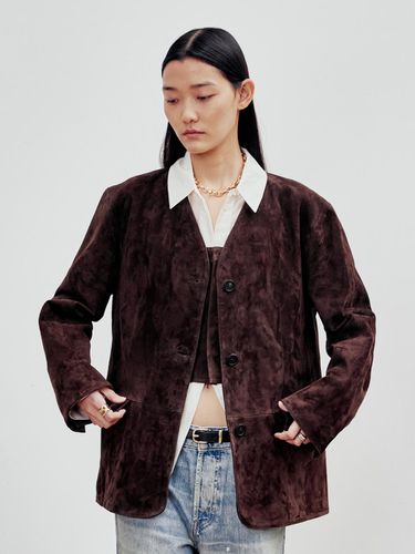 Collarless Goat Suede Jacket (Chocolate Brown) - ANDROS - Modalova