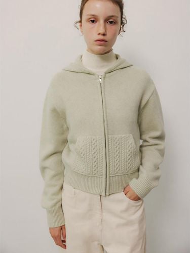 Cable Pocket Hooded Zip-up Cardigan _Light Green - kotelo - Modalova