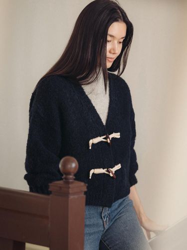 Knot Button Boucle Cardigan - Navy - TILLIDIE - Modalova