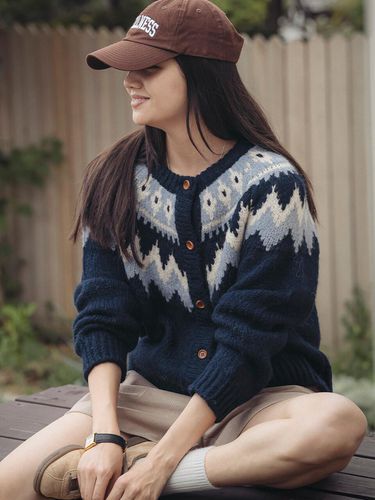 Retro Pattern Cardigan - Navy - TILLIDIE - Modalova