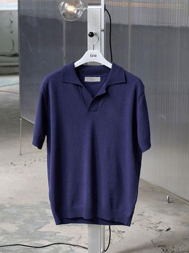 Simple Collar Premium Half Knit Sweater [Navy] - EZIO - Modalova