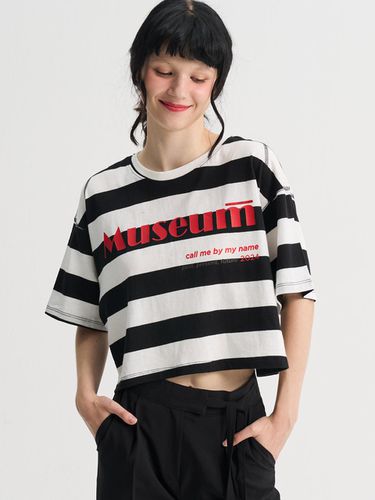 Stripe Crop Loosefit Half Sleeve T Shirt_White - SORRY TOO MUCH LOVE - Modalova