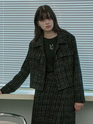 Collar Tweed Single Jacket - Black - moire moa - Modalova