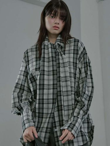 Round Sleeve Tie Check Shirt - Black - moire moa - Modalova