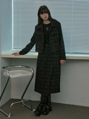 Tweed Wrap Long Skirt - Black - moire moa - Modalova