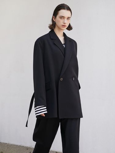 Oversized fit double breasted long jacket_BLACK - a.riff - Modalova