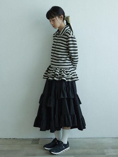 Plain Long Tiered Cotton Skirt [Black] - HOKUSPOKUS - Modalova