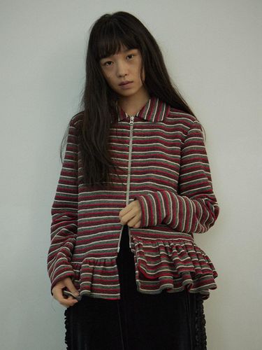 Flat Collar Striped Zip-up Cardigan [Red] - HOKUSPOKUS - Modalova