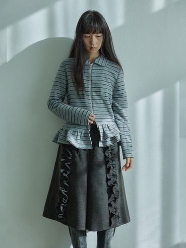 Flat Collar Striped Zip-up Cardigan [Grey] - HOKUSPOKUS - Modalova