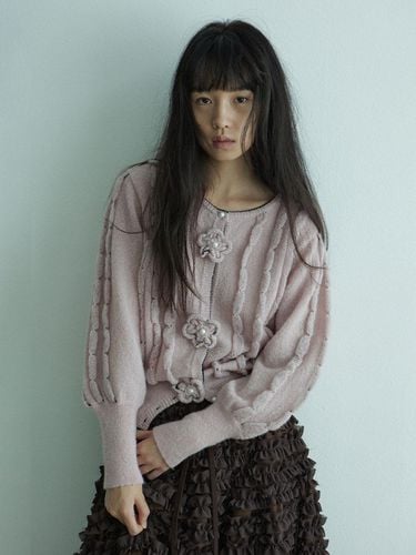 Hand Embroidered Flower Wool Mohair Cardigan [Indipink] - HOKUSPOKUS - Modalova