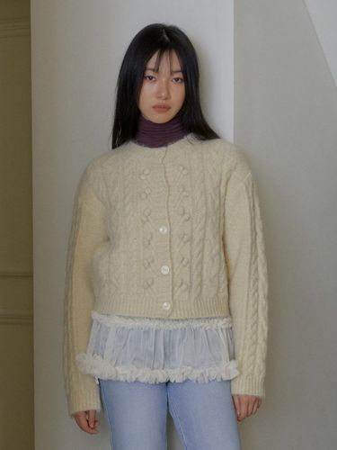 Pom Pom Cable Knit Brushed Cardigan [Yellow] - margarin fingers - Modalova