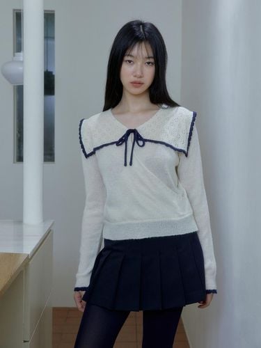 Sailor Collar Ribbon Knit Sweater [Beige] - margarin fingers - Modalova